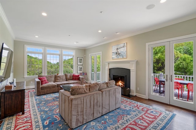 living area with french doors, ornamental molding, baseboards, recessed lighting, and wood finished floors
