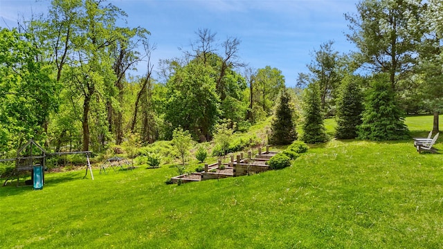 view of grassy yard with a garden and a playground
