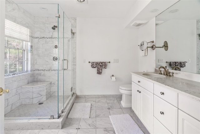 8 Alder Way, Armonk, NY 10504 - full bathroom with a stall shower, baseboards, toilet, vanity, and marble finish floor