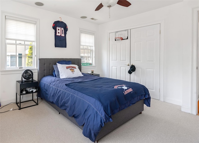 8 Alder Way, Armonk, NY 10504 - bedroom with carpet flooring, a closet, ceiling fan, visible vents, and baseboards