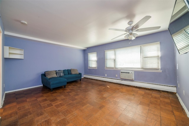 2241 Palmer Ave Unit 3A, New Rochelle, NY 10801 - unfurnished room featuring a ceiling fan, a baseboard radiator, baseboards, and an AC wall unit