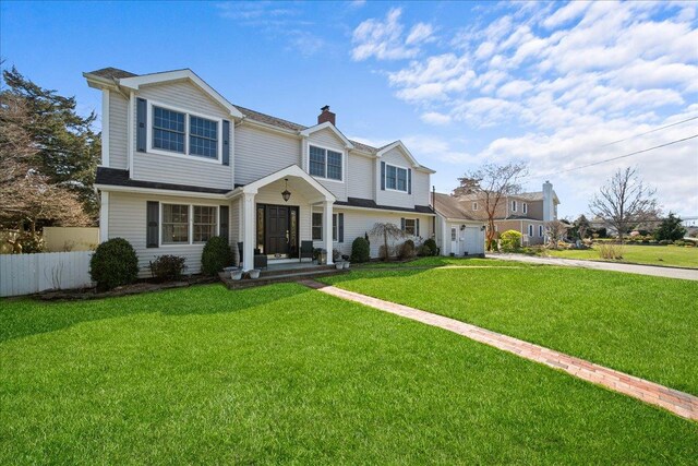 view of front of house with fence, a front lawn, and a chimney