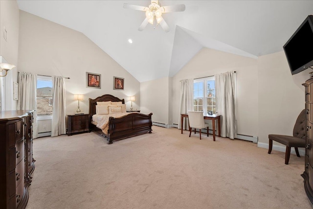bedroom featuring light carpet, vaulted ceiling, baseboards, a ceiling fan, and baseboard heating