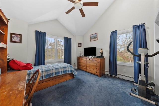 bedroom with baseboard heating, carpet floors, a ceiling fan, and vaulted ceiling