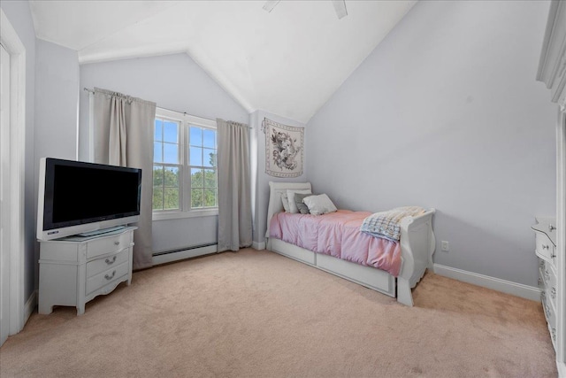 bedroom featuring a baseboard heating unit, lofted ceiling, carpet flooring, and baseboards