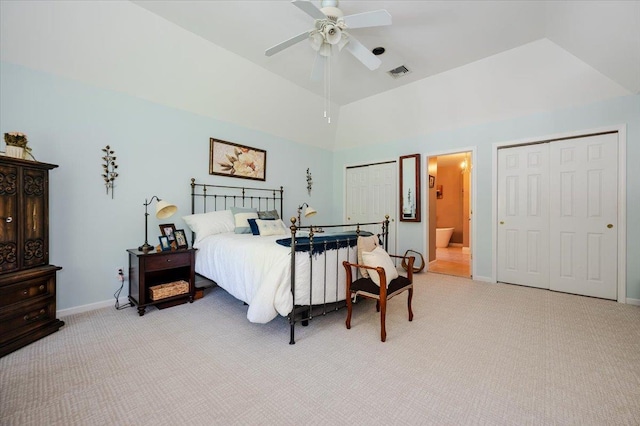 bedroom with visible vents, baseboards, ceiling fan, high vaulted ceiling, and light colored carpet
