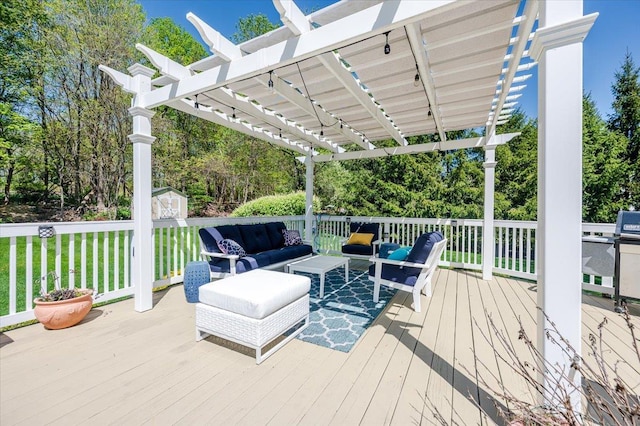 deck featuring an outdoor living space, a lawn, an outdoor structure, a shed, and a pergola