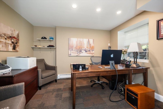 home office with carpet floors, recessed lighting, baseboards, and a baseboard heating unit