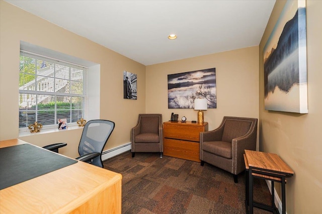 office area with dark colored carpet, a baseboard radiator, and recessed lighting