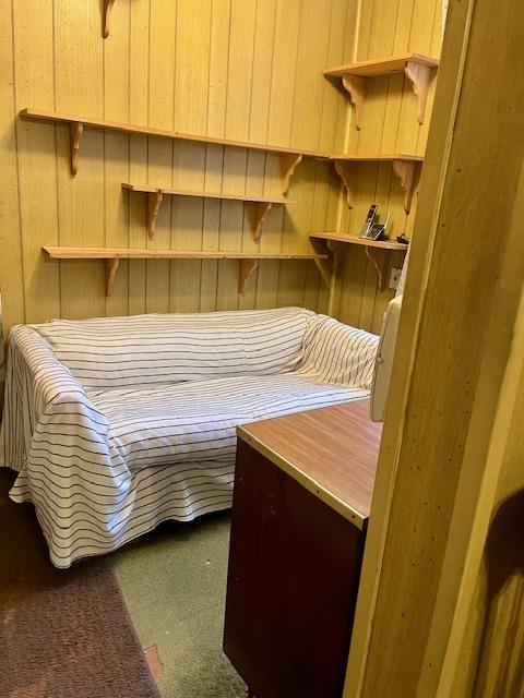 carpeted bedroom featuring wood walls