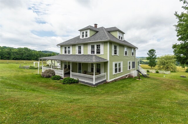 535 Beechwoods Rd, Callicoon, NY 12723 - back of house with roof with shingles, a chimney, a yard, and a porch