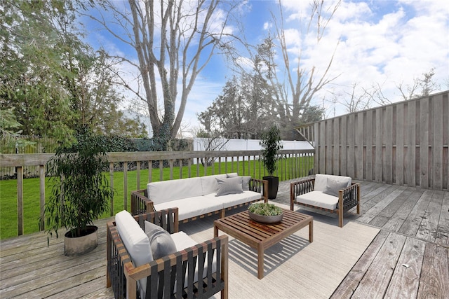 8 Beach Manor Ct, West Islip, NY 11795 - wooden deck with a fenced backyard, a lawn, and an outdoor hangout area