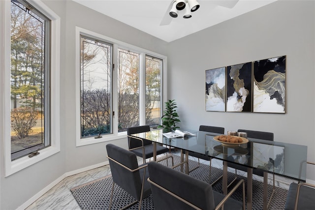 8 Beach Manor Ct, West Islip, NY 11795 - dining space with marble finish floor, baseboards, and ceiling fan