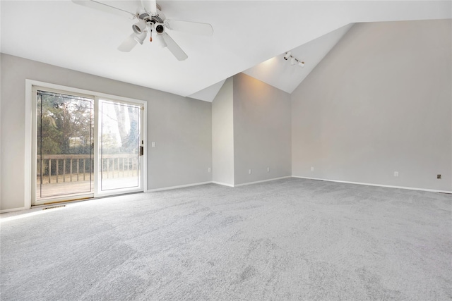 8 Beach Manor Ct, West Islip, NY 11795 - unfurnished living room featuring a ceiling fan, visible vents, carpet floors, lofted ceiling, and baseboards