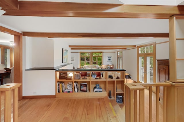27 Dingle Ridge Rd, North Salem, NY 10560 - living room with light wood-style flooring, beam ceiling, baseboards, and french doors