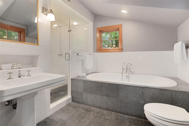 27 Dingle Ridge Rd, North Salem, NY 10560 - bathroom with a shower stall, vaulted ceiling, a bath, toilet, and recessed lighting