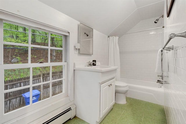 27 Dingle Ridge Rd, North Salem, NY 10560 - bathroom with a baseboard heating unit, toilet, shower / tub combo, vanity, and tile patterned floors