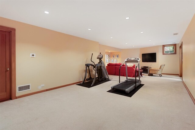 27 Dingle Ridge Rd, North Salem, NY 10560 - workout room with light colored carpet, baseboards, and recessed lighting