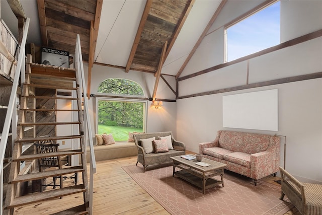 27 Dingle Ridge Rd, North Salem, NY 10560 - living room featuring high vaulted ceiling, beam ceiling, and wood-type flooring