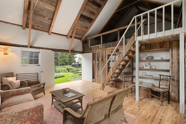 27 Dingle Ridge Rd, North Salem, NY 10560 - living area with stairway, hardwood / wood-style flooring, beam ceiling, and high vaulted ceiling