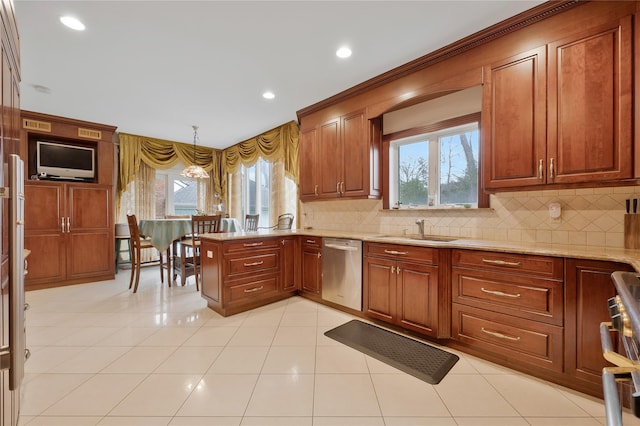 8 Percheron Ln, Roslyn Heights, NY 11577 - kitchen with light stone countertops, decorative backsplash, stainless steel appliances, brown cabinets, and a sink