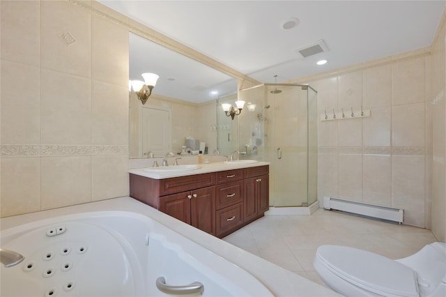 8 Percheron Ln, Roslyn Heights, NY 11577 - full bath featuring a baseboard heating unit, tile walls, a sink, and visible vents