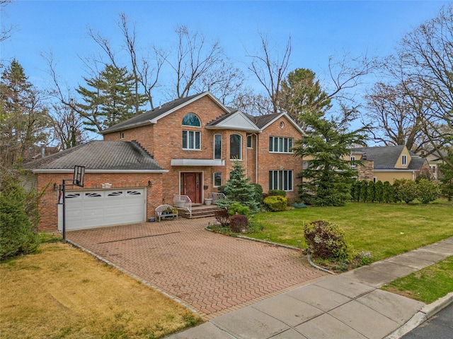 8 Percheron Ln, Roslyn Heights, NY 11577 - traditional-style house with decorative driveway, a front yard, a garage, and brick siding