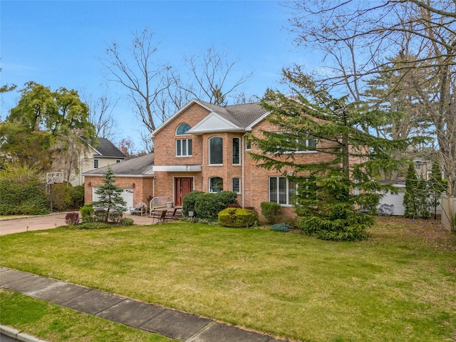 8 Percheron Ln, Roslyn Heights, NY 11577 - traditional-style home with driveway, a front yard, brick siding, and a garage