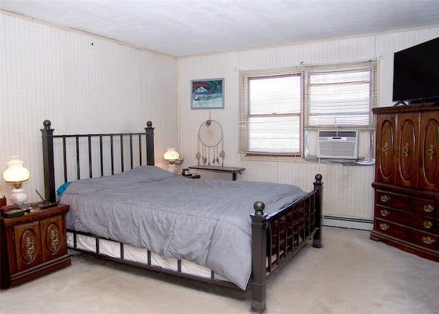 bedroom featuring carpet, cooling unit, a baseboard heating unit, and multiple windows