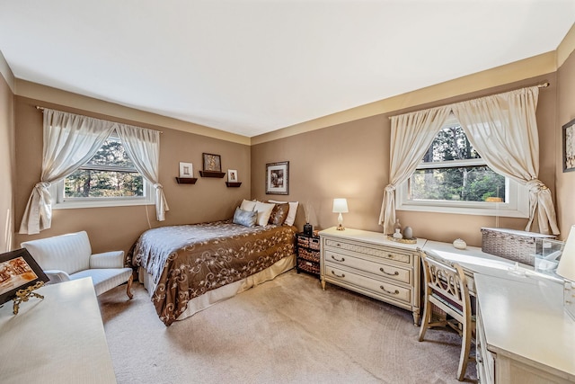 bedroom with light carpet