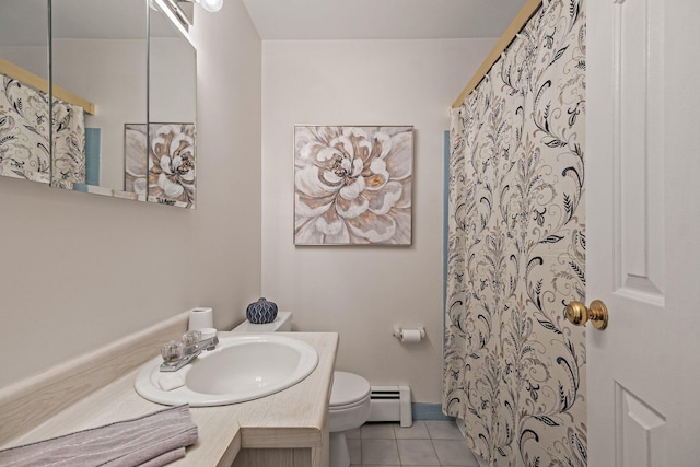 full bathroom featuring vanity, baseboard heating, curtained shower, tile patterned floors, and toilet