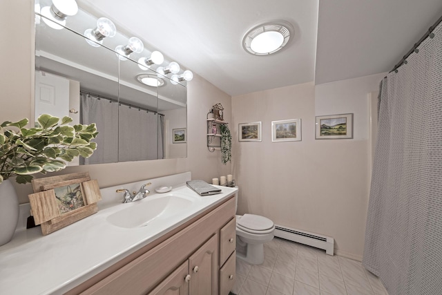 full bathroom featuring toilet, a baseboard radiator, vanity, and tile patterned flooring
