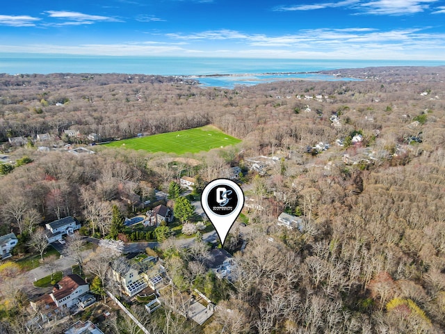 aerial view with a water view and a view of trees