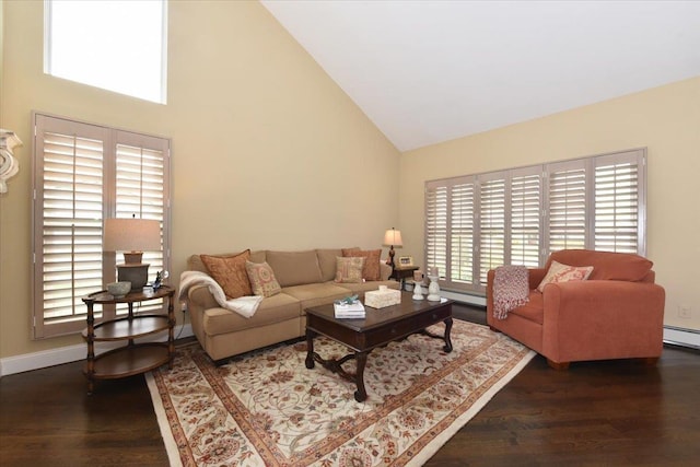 living area with baseboards, high vaulted ceiling, and wood finished floors