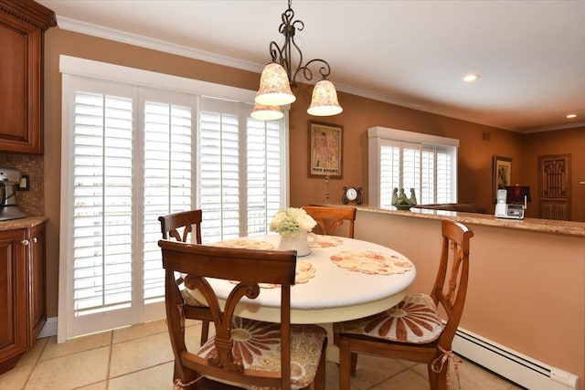 dining space featuring ornamental molding, recessed lighting, and baseboard heating