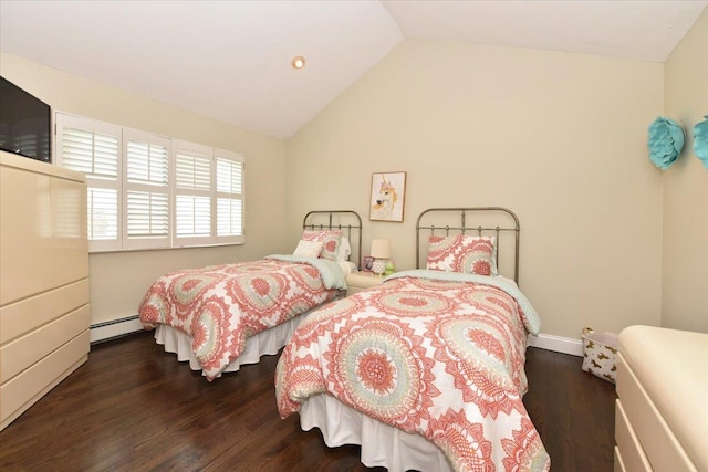 bedroom featuring baseboards, baseboard heating, recessed lighting, wood finished floors, and lofted ceiling