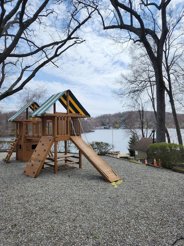 view of playground featuring a water view