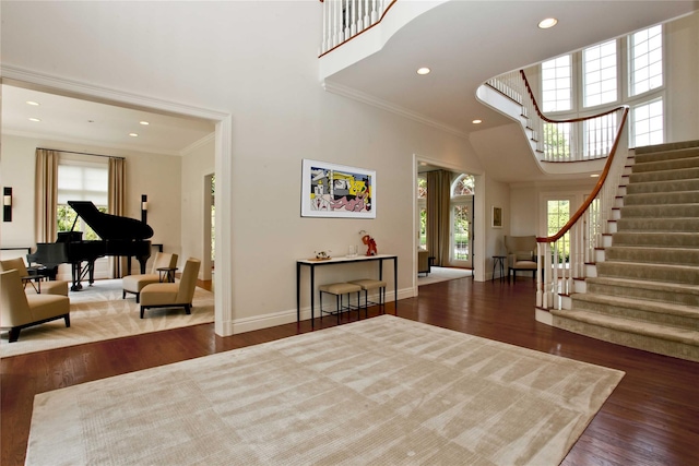 30 Morris Ln, Scarsdale, NY 10583 - foyer entrance featuring ornamental molding, wood finished floors, a high ceiling, and stairway