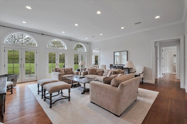 30 Morris Ln, Scarsdale, NY 10583 - living room with ornamental molding, french doors, wood finished floors, and recessed lighting