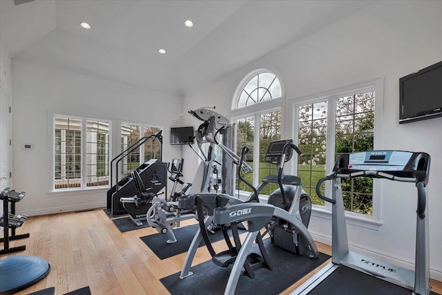 30 Morris Ln, Scarsdale, NY 10583 - exercise room featuring vaulted ceiling, wood finished floors, and recessed lighting
