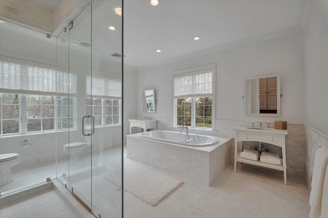 30 Morris Ln, Scarsdale, NY 10583 - bathroom featuring a shower stall, toilet, crown molding, and vanity