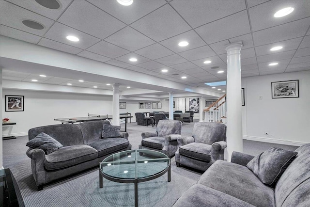 30 Morris Ln, Scarsdale, NY 10583 - living room with recessed lighting, carpet flooring, and ornate columns