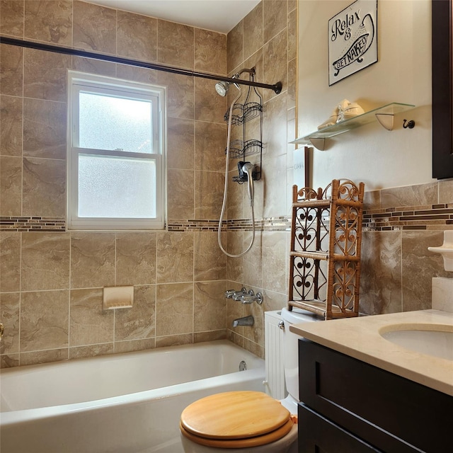 full bathroom with toilet, bathing tub / shower combination, and vanity