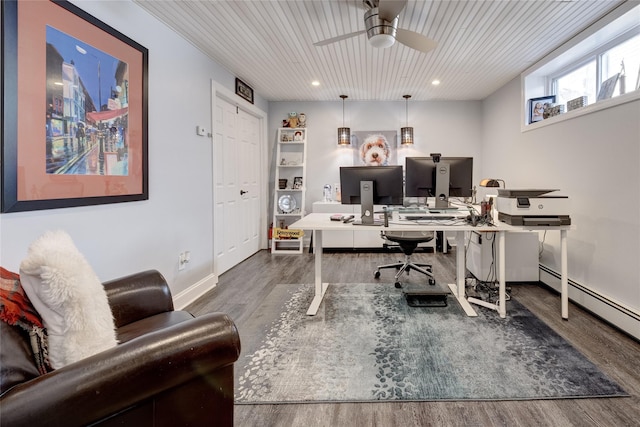 office space featuring a ceiling fan, wood finished floors, wood ceiling, baseboards, and recessed lighting