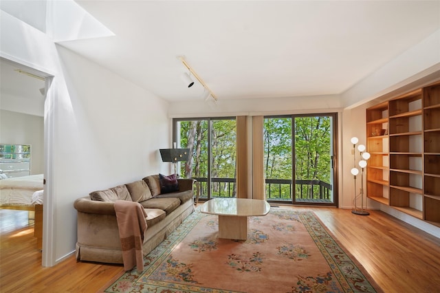 living room with rail lighting and wood finished floors