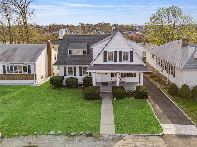 view of front of home with aphalt driveway, a porch, a front yard, a chimney, and a shingled roof