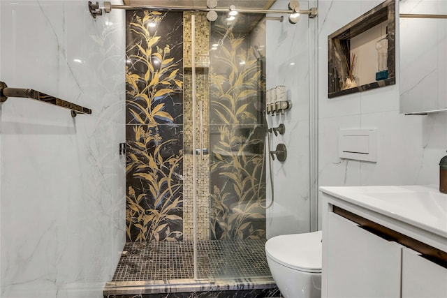 full bathroom with tile walls, vanity, toilet, and a stall shower