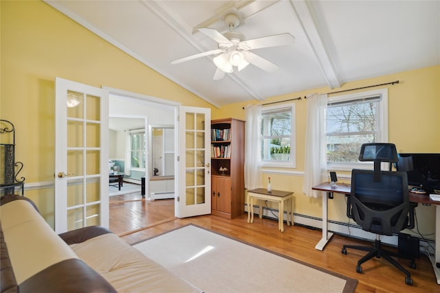 office with a ceiling fan, wood finished floors, vaulted ceiling with beams, french doors, and a baseboard radiator