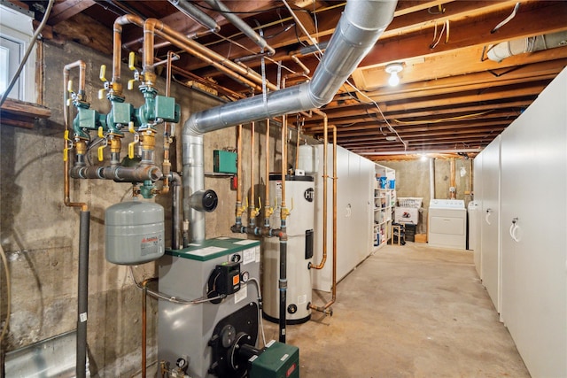 unfinished below grade area with water heater, washer and dryer, and a heating unit
