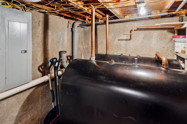unfinished below grade area featuring electric panel and heating fuel